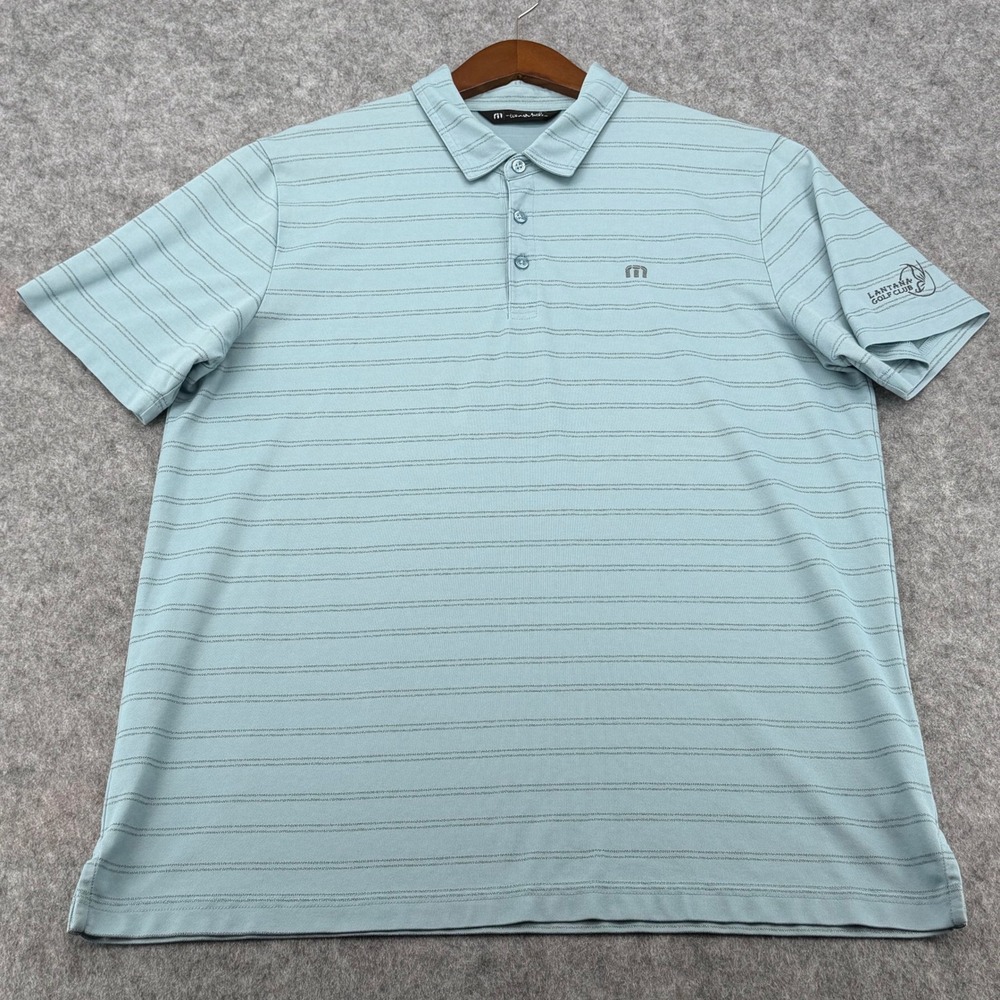 TravisMathew Mens XL Blue Striped Polo Shirt Lantana Golf Club Short Sleeve